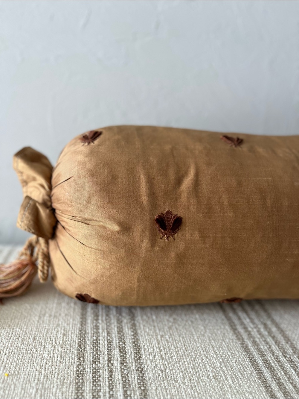 Tan/Brown Decorative Bolster Pillow with Embroidered Bee Accents